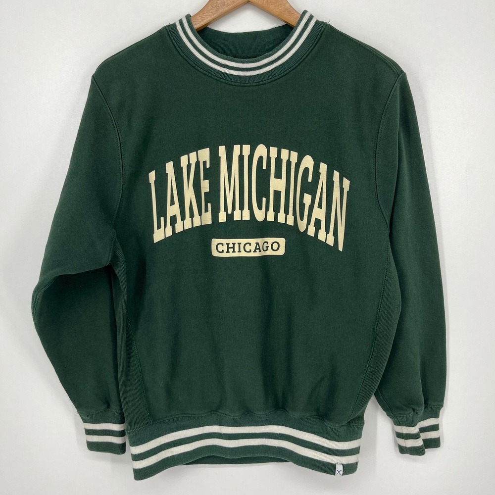 Vineyard Crew Lake Michigan Chicago Sweatshirt Green Striped Trim Womens Small